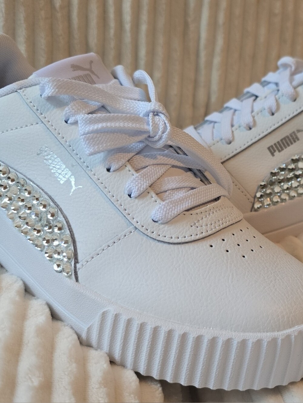 Puma White Platform Sneakers Embellished With Silver Crystal Stripe 8.5